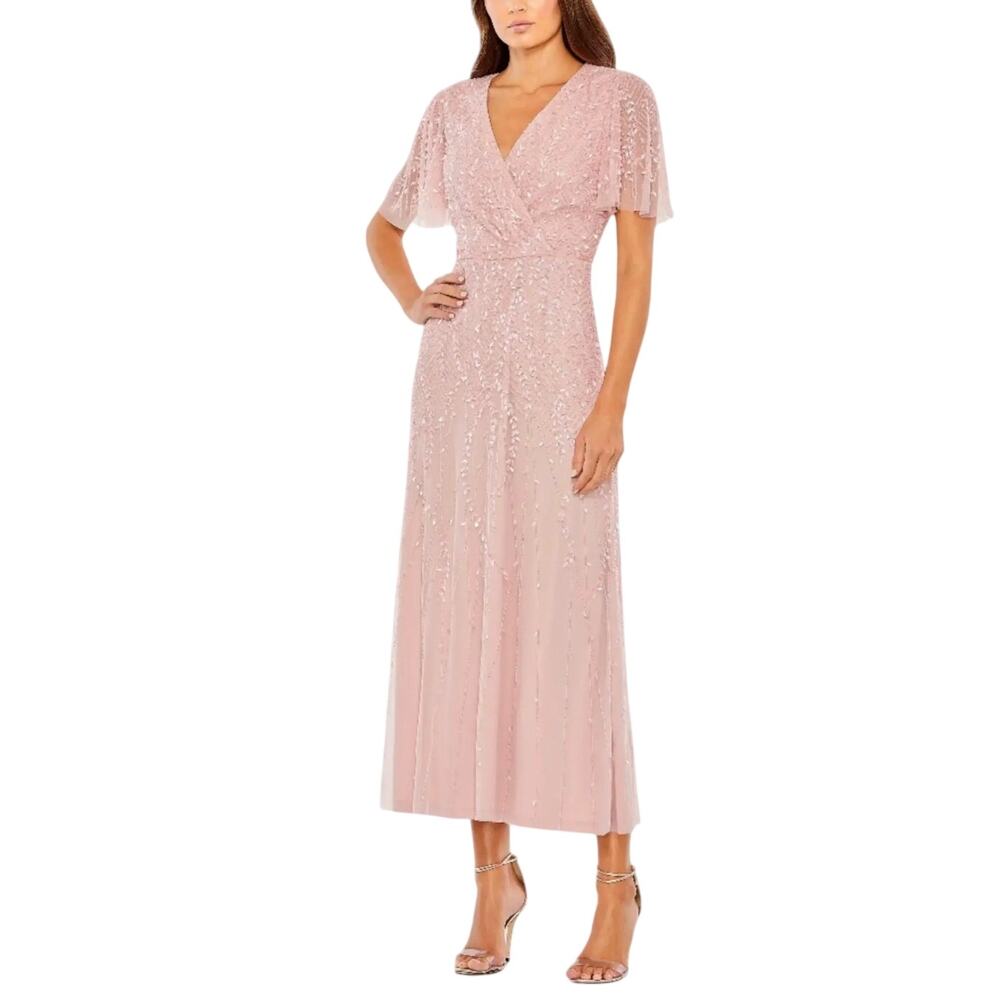 Mac Duggal 35116 Pink Cocktail Dress Beaded Flutter Sleeve A-Line Midi Size 10
